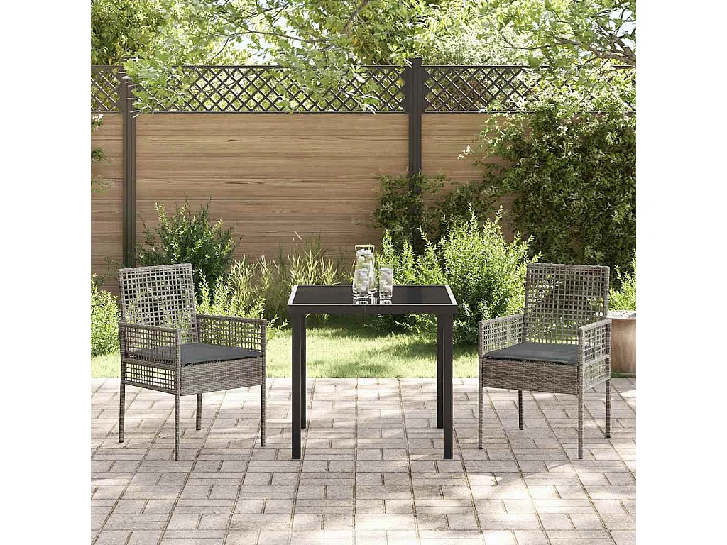 Juego de comedor de jardín de 3 piezas con cojines de ratán sintético gris