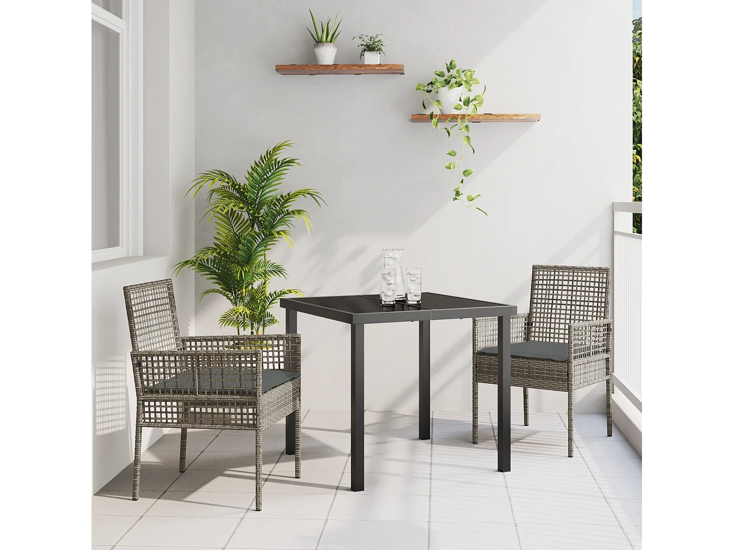 Ensemble de Salle à Manger de Jardin 3 Pièces avec Coussins Gris Poly Rattan