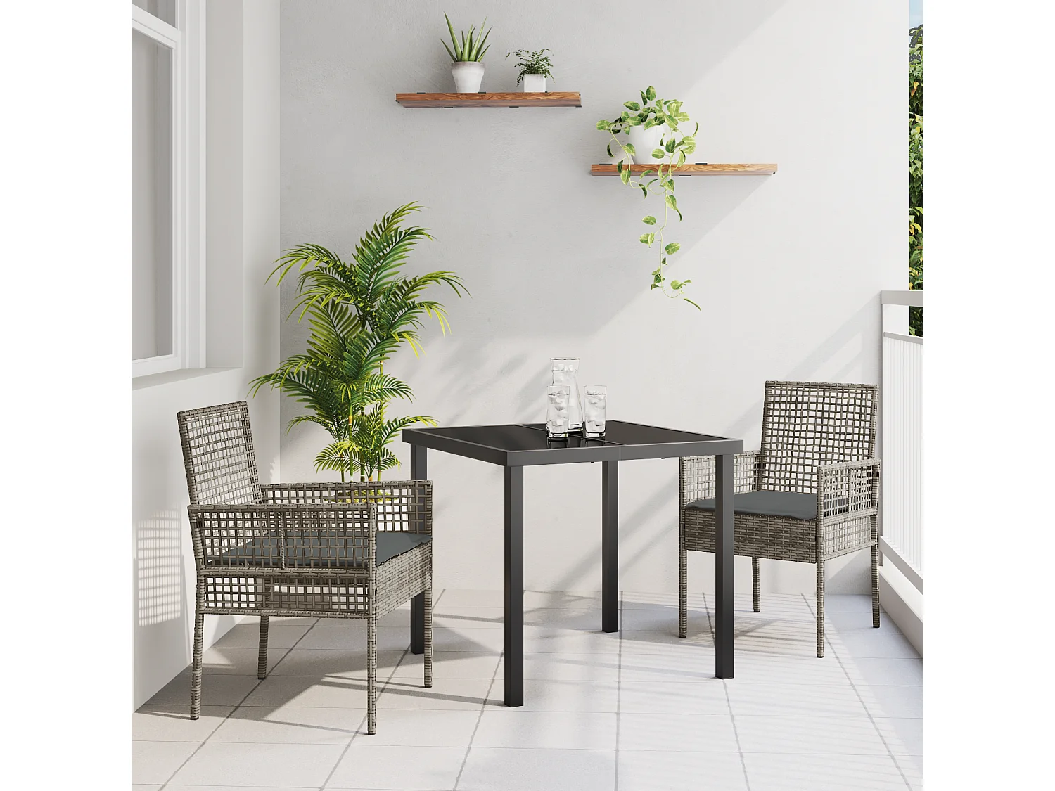 Juego de comedor de jardín de 3 piezas con cojines de ratán sintético gris
