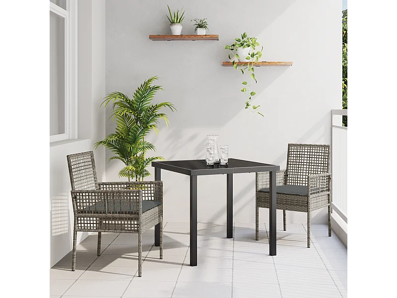 Set da pranzo da giardino 3 pezzi con cuscini in polyrattan grigio