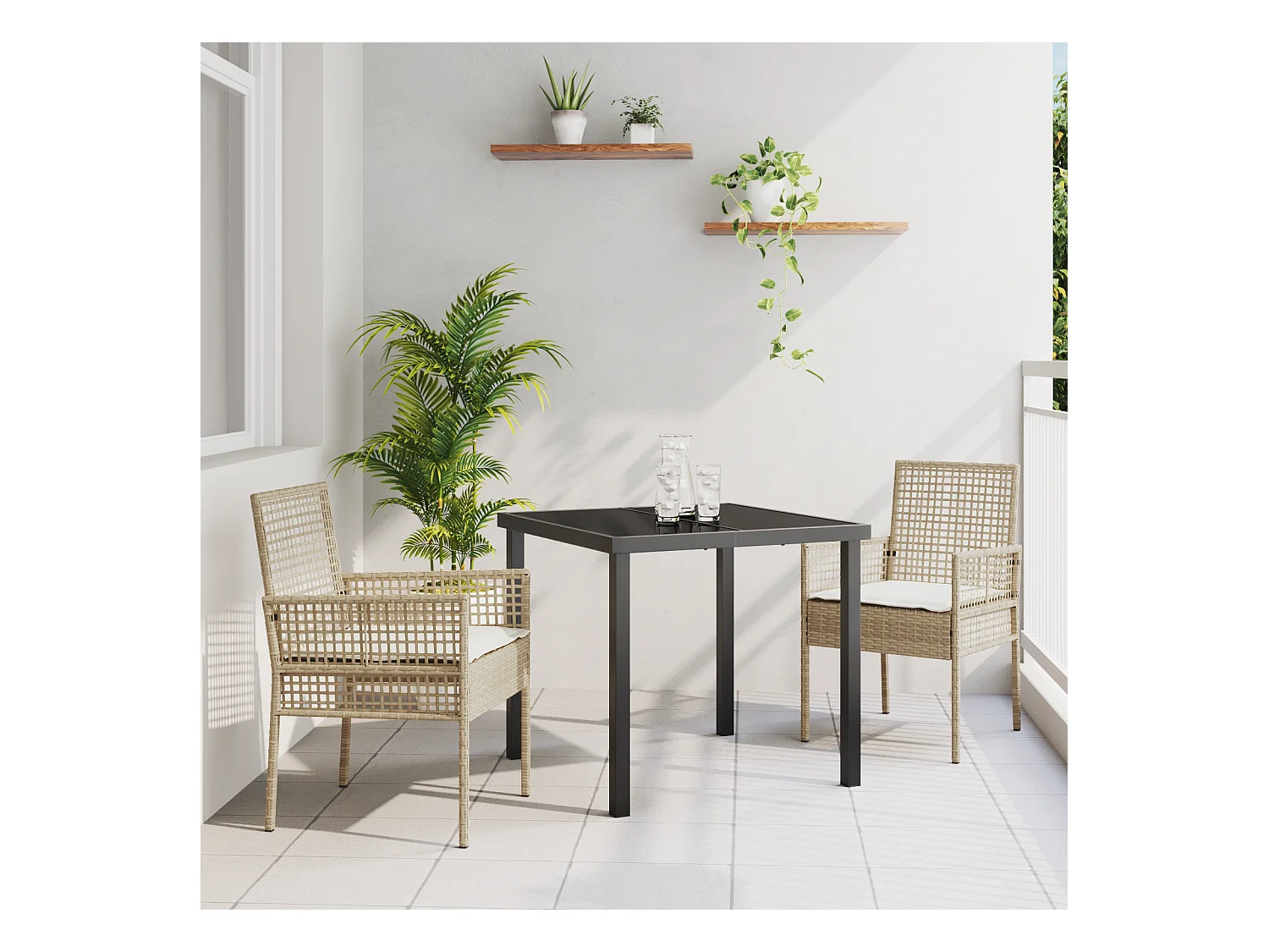 Ensemble de salle à manger de jardin 3 pièces avec coussins en rotin poly beige