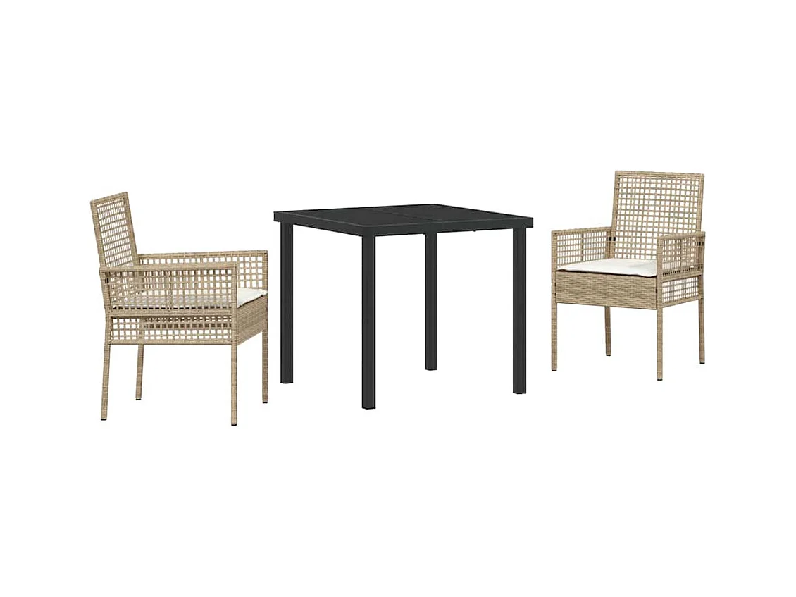 Ensemble de salle à manger de jardin 3 pièces avec coussins en rotin poly beige