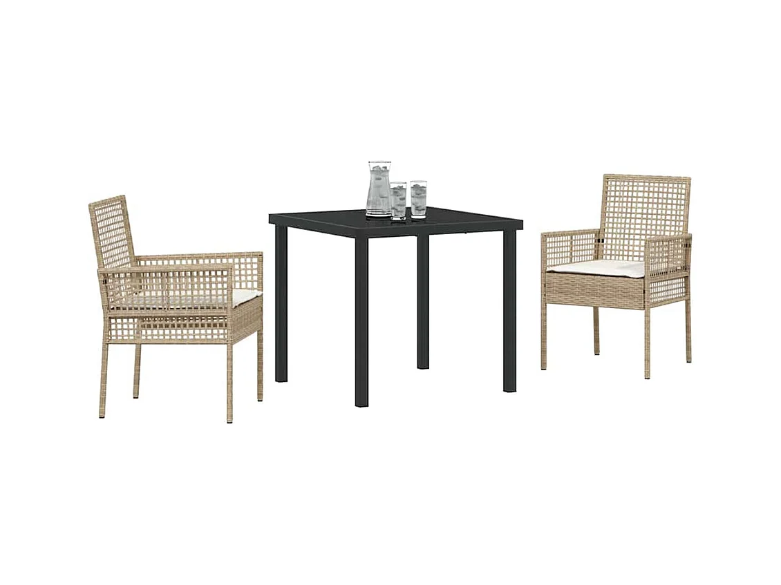 Ensemble de salle à manger de jardin 3 pièces avec coussins en rotin poly beige