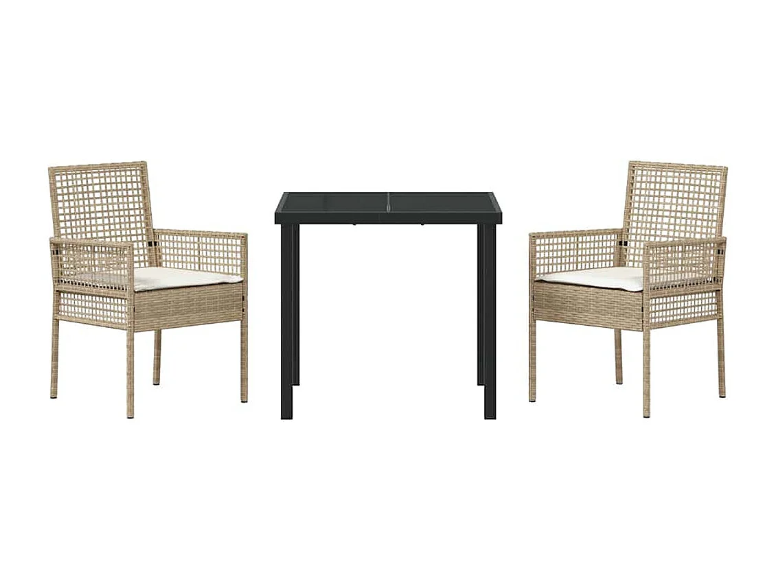 Ensemble de salle à manger de jardin 3 pièces avec coussins en rotin poly beige