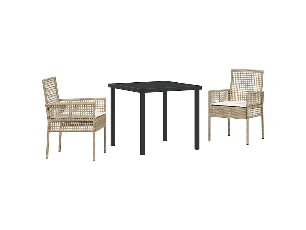 Ensemble de salle à manger de jardin 3 pièces avec coussins en rotin poly beige
