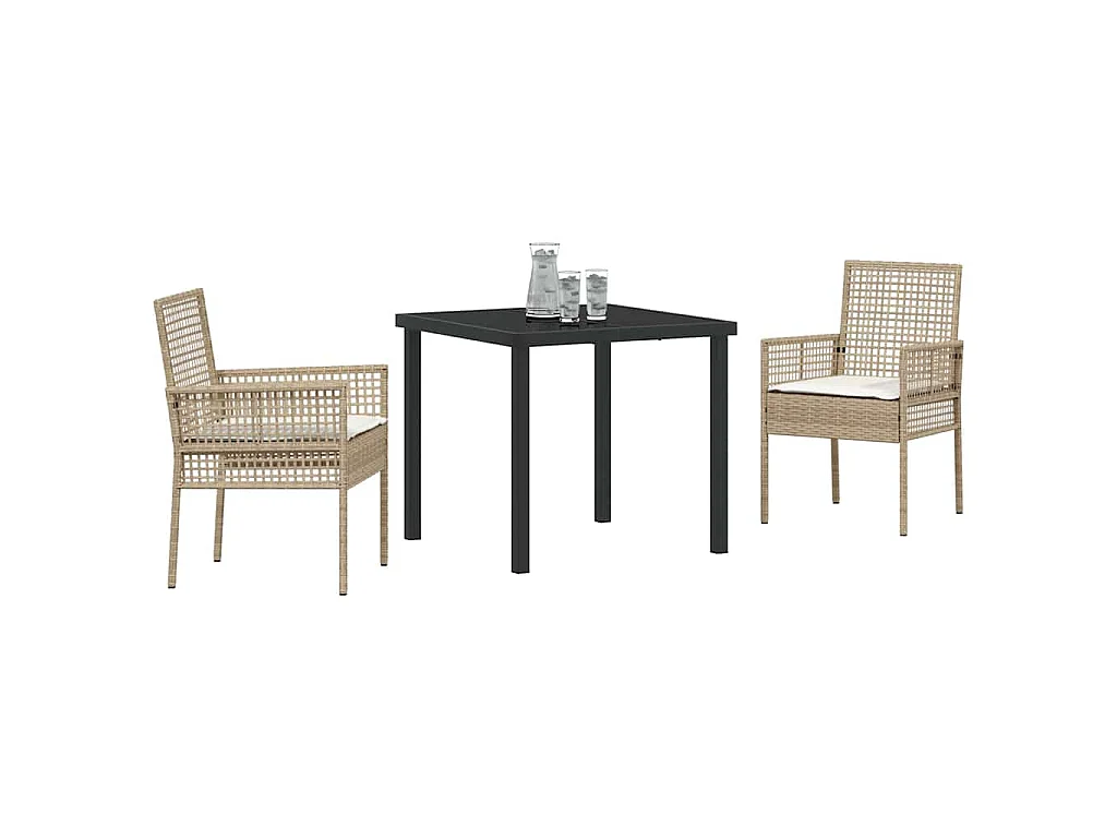 Ensemble de salle à manger de jardin 3 pièces avec coussins en rotin poly beige
