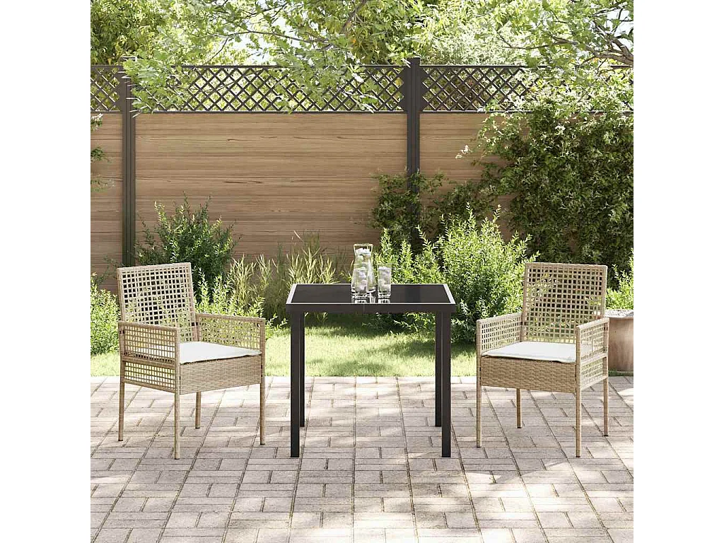 Ensemble de salle à manger de jardin 3 pièces avec coussins en rotin poly beige