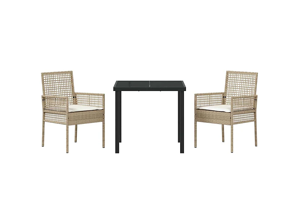 Ensemble de salle à manger de jardin 3 pièces avec coussins en rotin poly beige