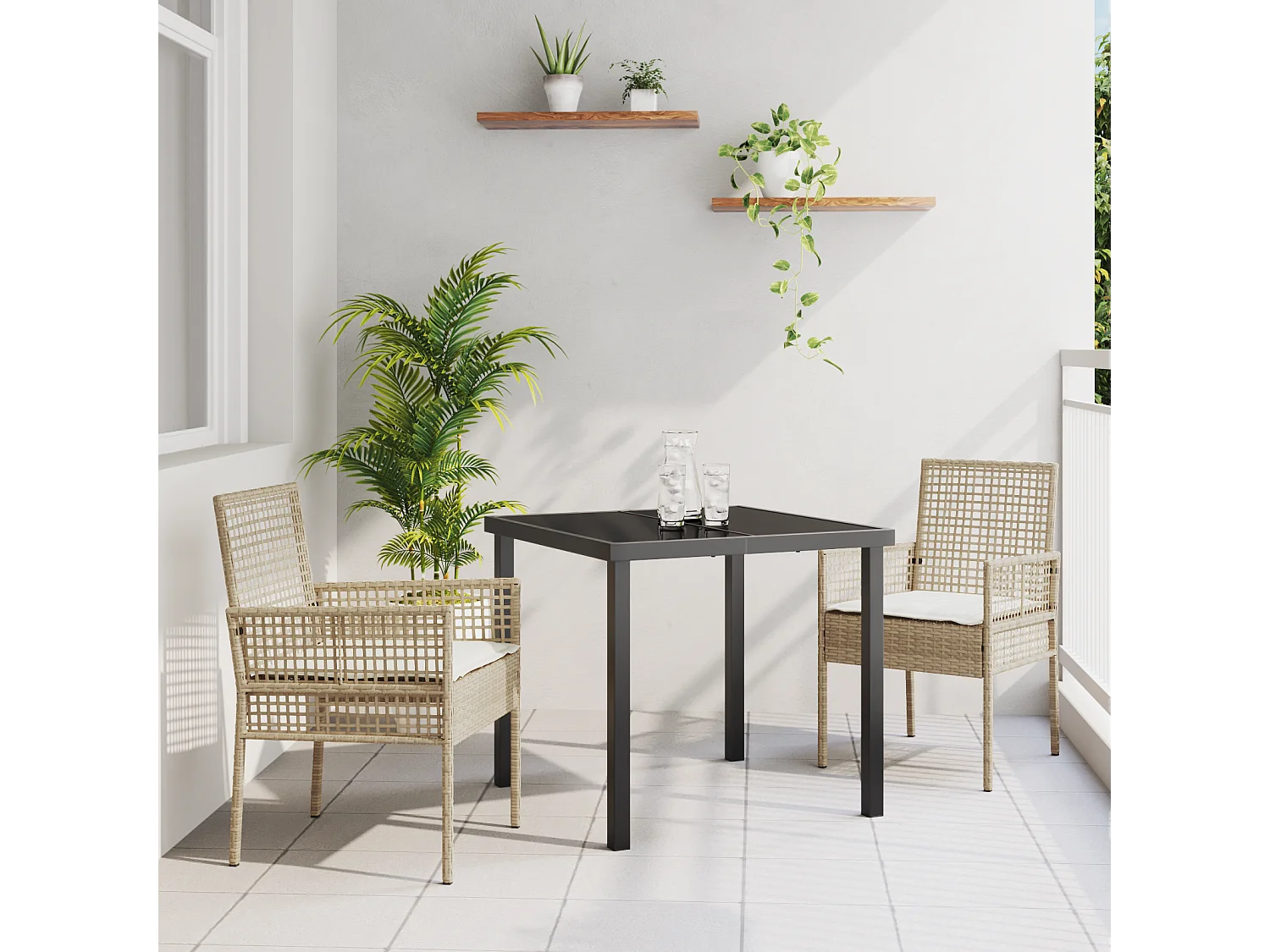 3-delige tuinset met beige polyrotan kussens