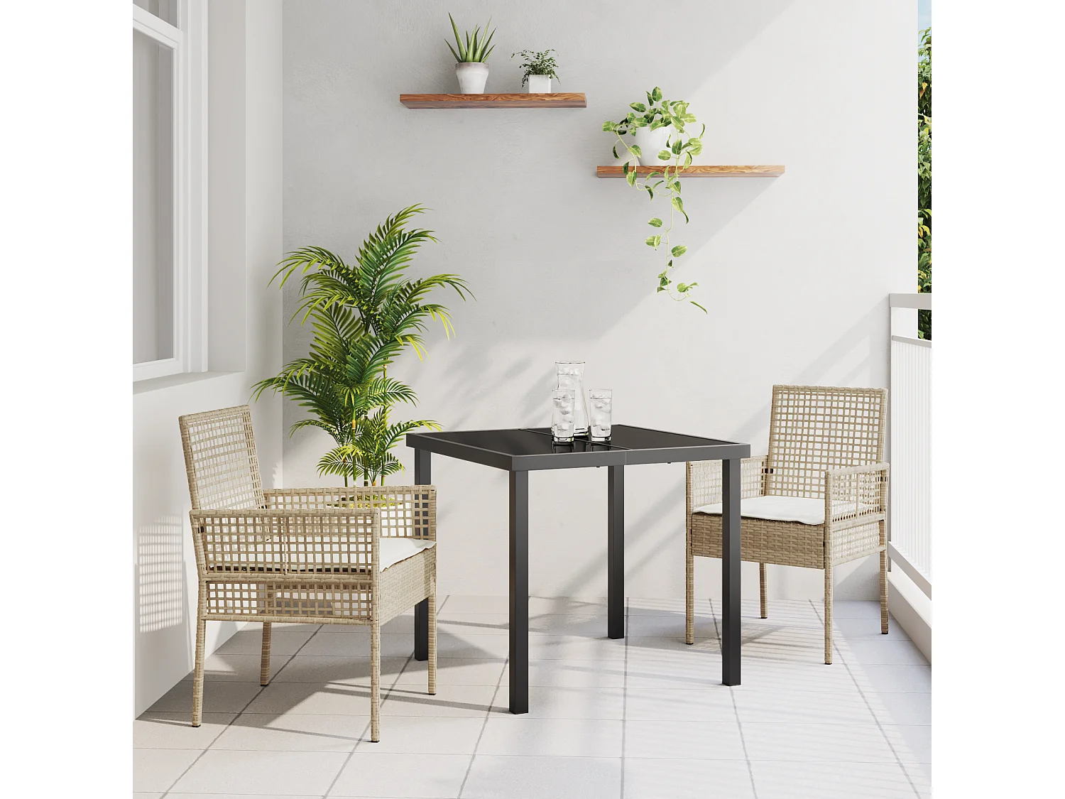 Ensemble de salle à manger de jardin 3 pièces avec coussins en rotin poly beige