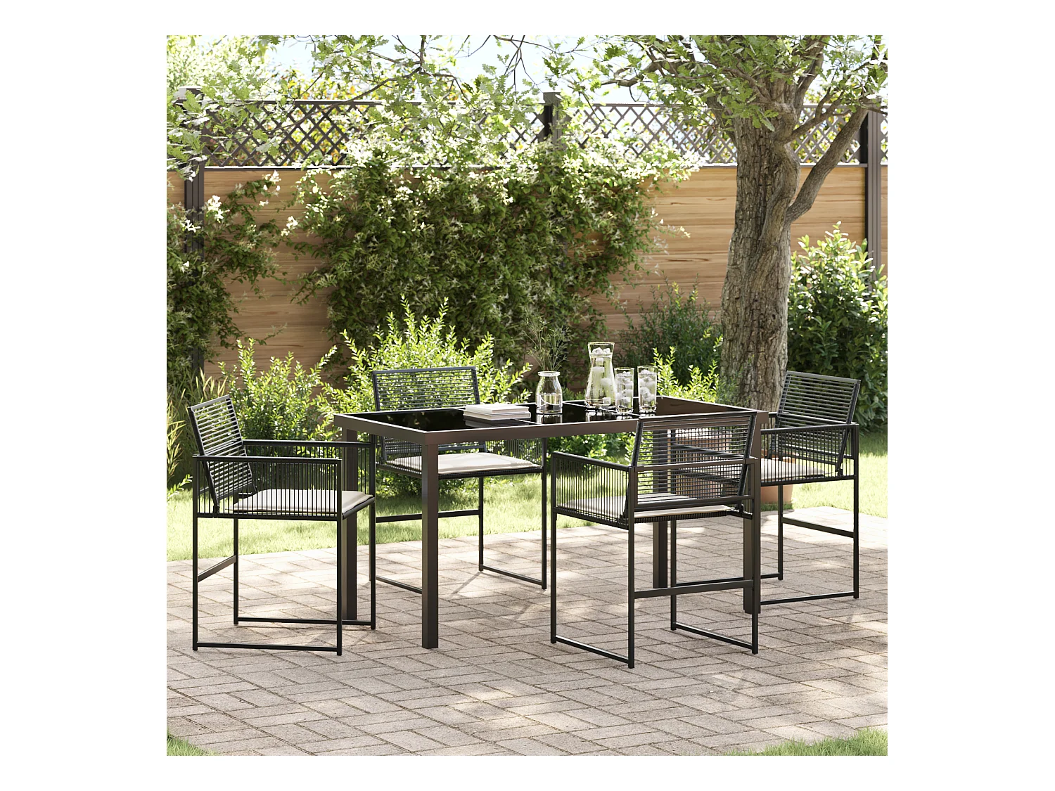Set da pranzo da giardino da 5 pezzi con cuscini in polyrattan nero