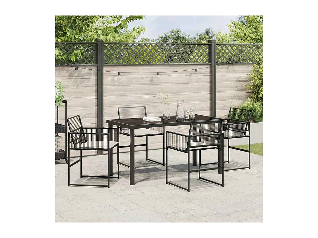 Set da pranzo da giardino da 5 pezzi con cuscini in polyrattan nero