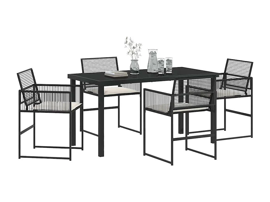 5-teiliges Garten-Essset mit schwarzen Polyrattan-Kissen