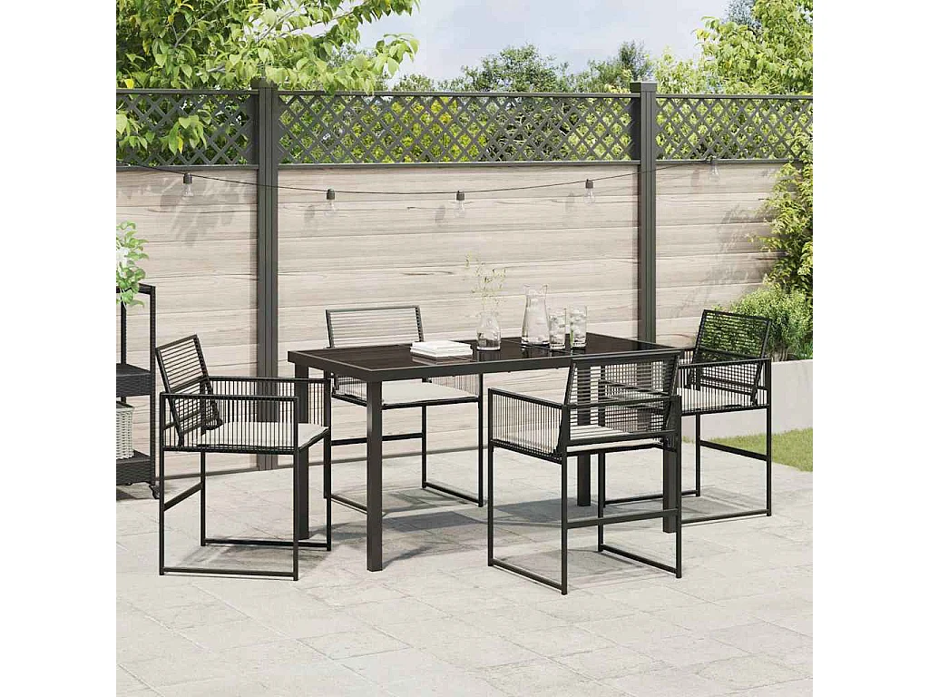 5-teiliges Garten-Essset mit schwarzen Polyrattan-Kissen