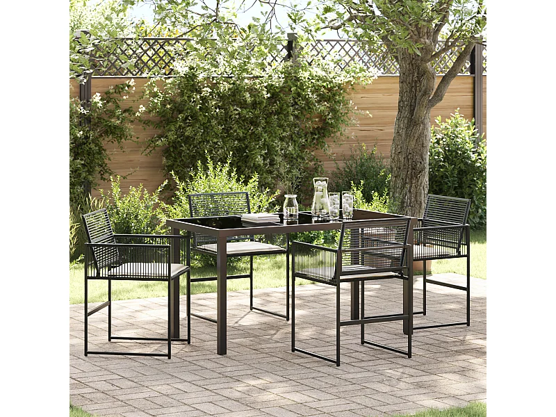 Set da pranzo da giardino da 5 pezzi con cuscini in polyrattan nero