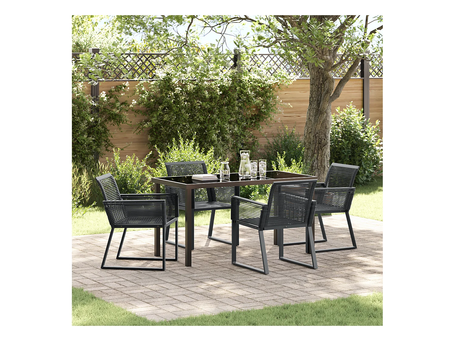 Ensemble de repas de jardin de 5 pièces Rattan Poly Noir