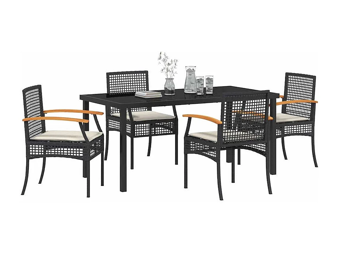 Ensemble de salle à manger de jardin 5 pièces avec coussins noir rotin synthétique
