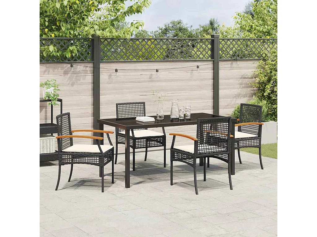 Ensemble de salle à manger de jardin 5 pièces avec coussins noir rotin synthétique