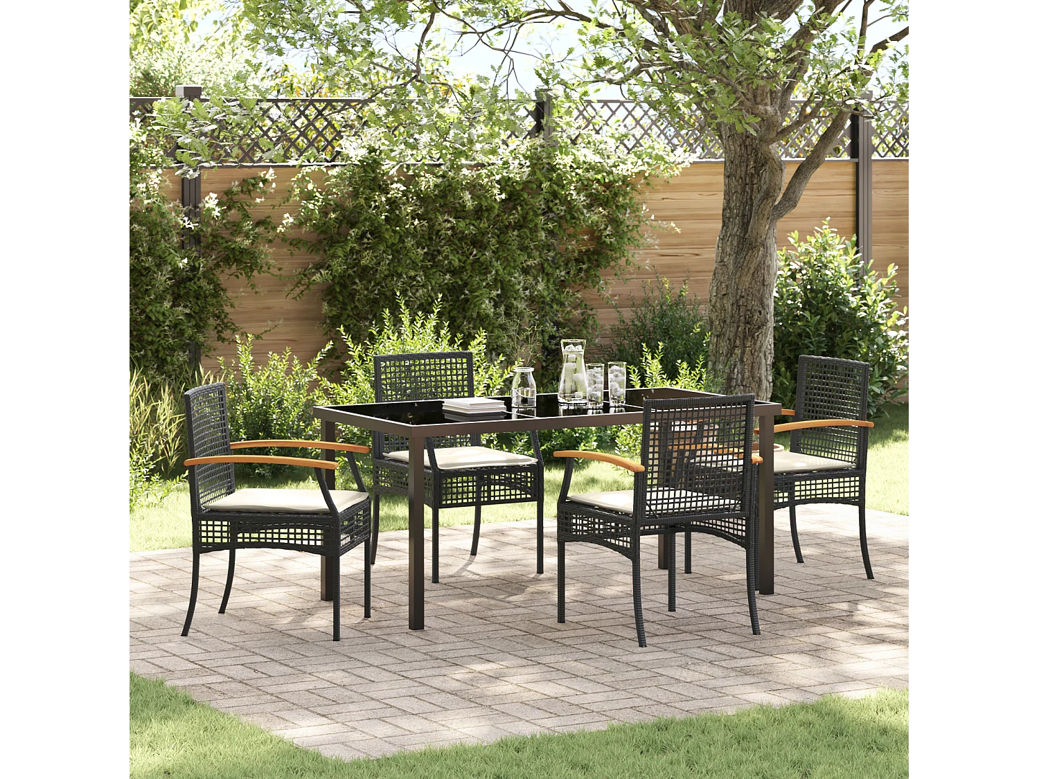 Ensemble de salle à manger de jardin 5 pièces avec coussins noir rotin synthétique