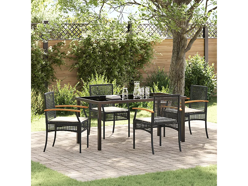 Ensemble de salle à manger de jardin 5 pièces avec coussins noir rotin synthétique