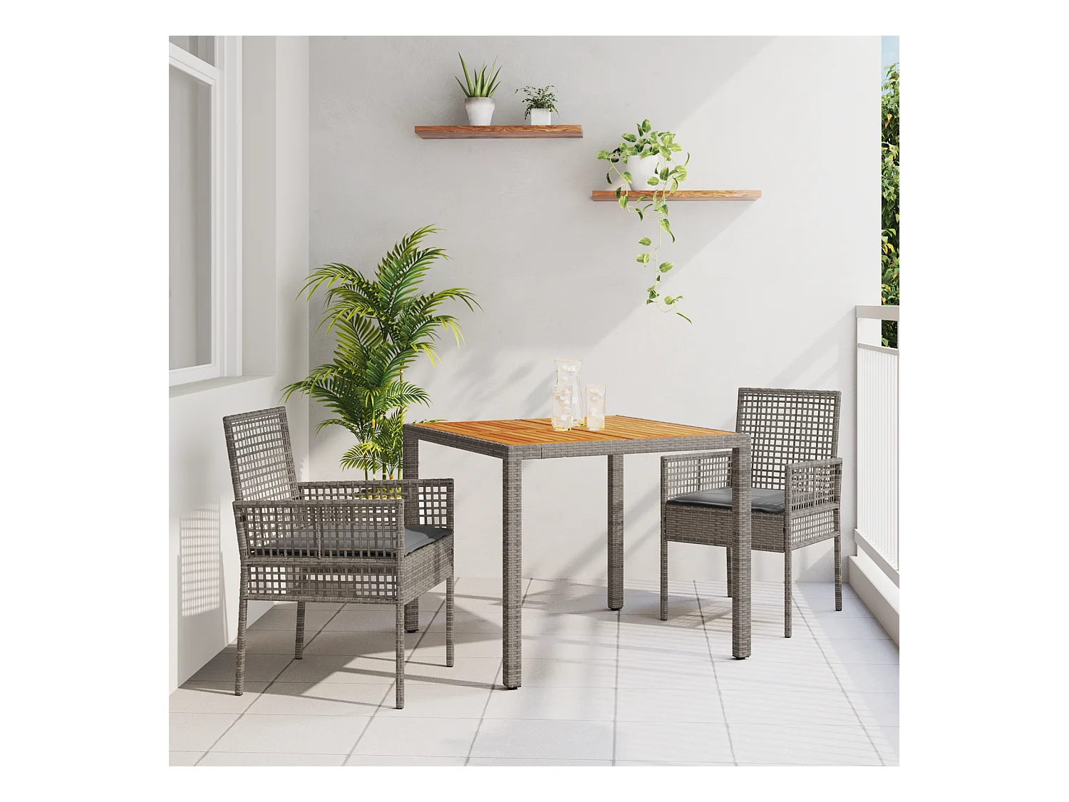 Set da pranzo da giardino 3 pezzi con cuscini grigi in rattan sintetico