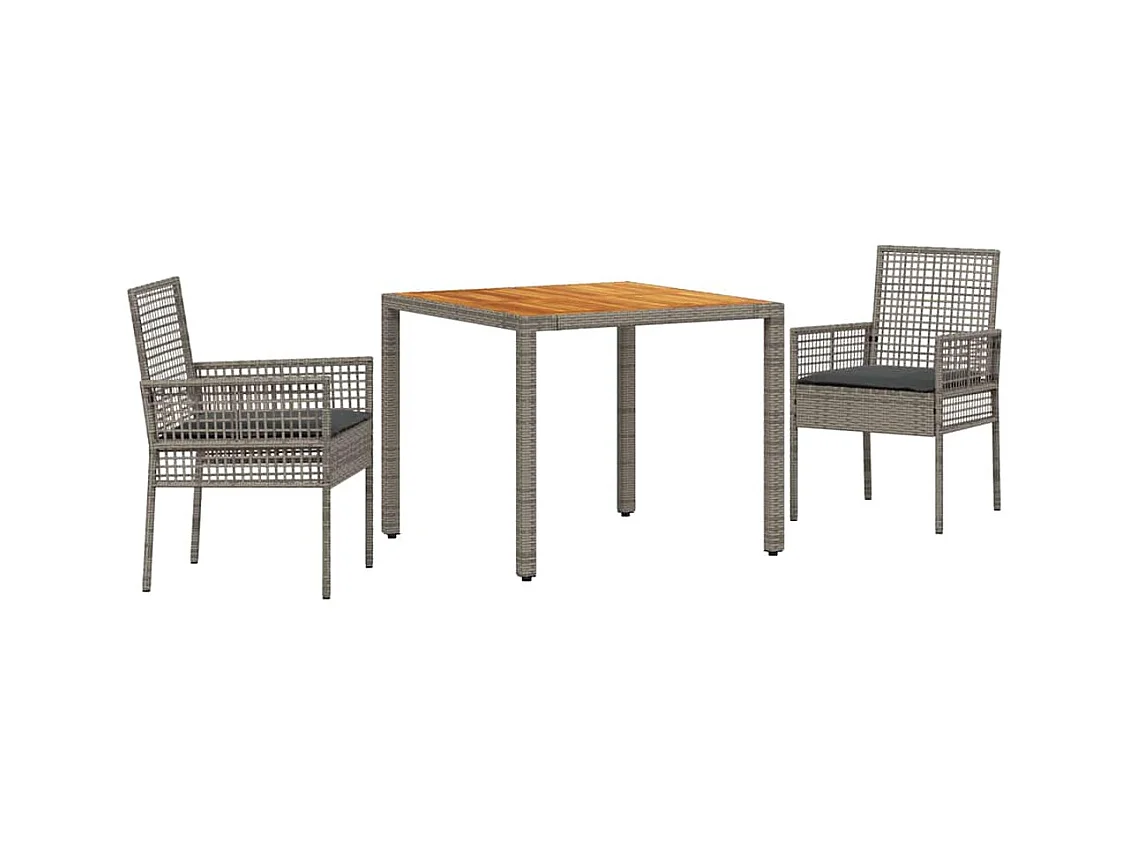 Set da pranzo da giardino 3 pezzi con cuscini grigi in rattan sintetico