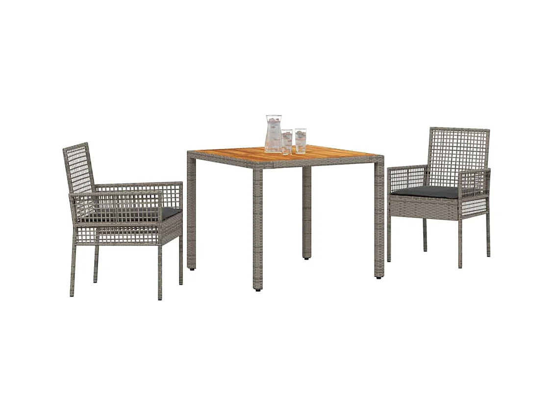 Set da pranzo da giardino 3 pezzi con cuscini grigi in rattan sintetico