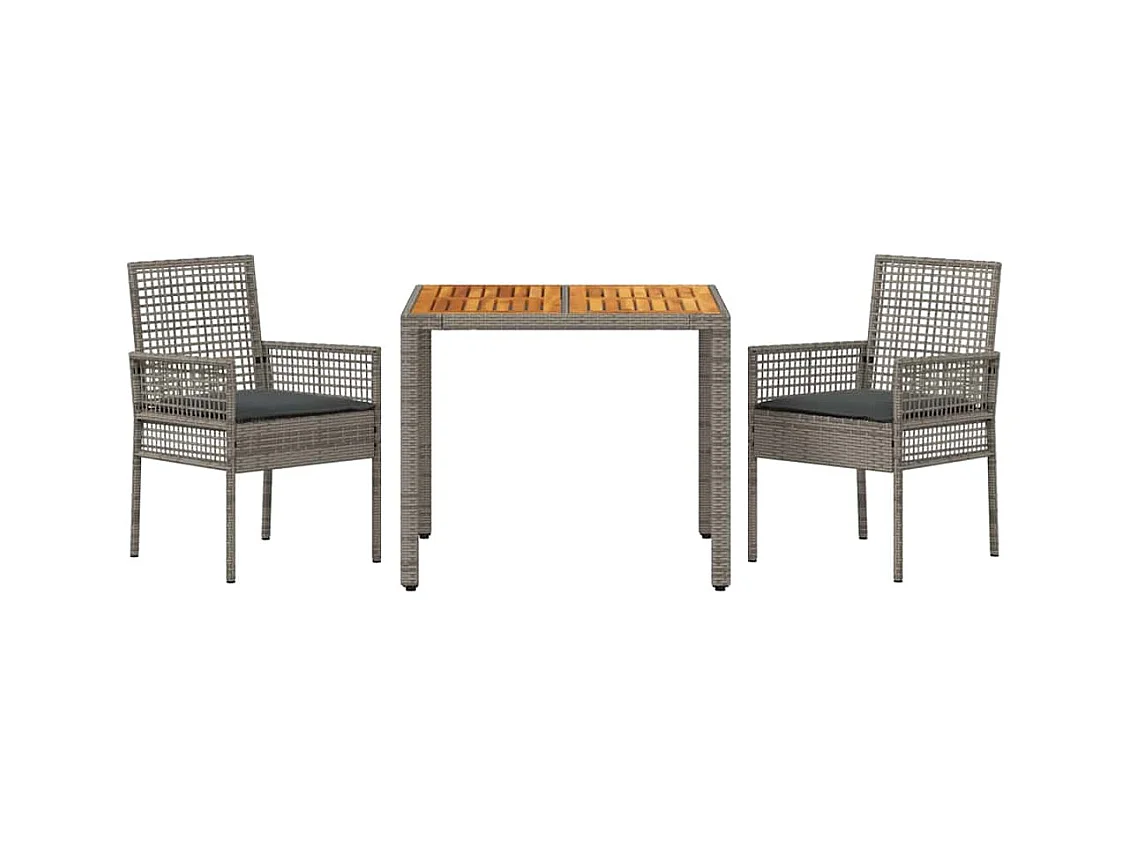 Set da pranzo da giardino 3 pezzi con cuscini grigi in rattan sintetico