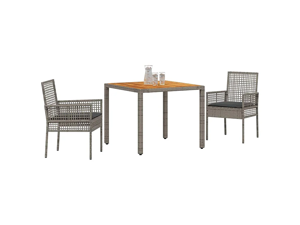Ensemble de salle à manger de jardin de 3 pièces avec coussins gris en rotin synthétique