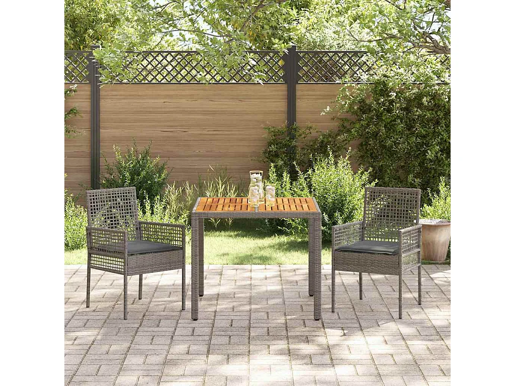 Ensemble de salle à manger de jardin de 3 pièces avec coussins gris en rotin synthétique