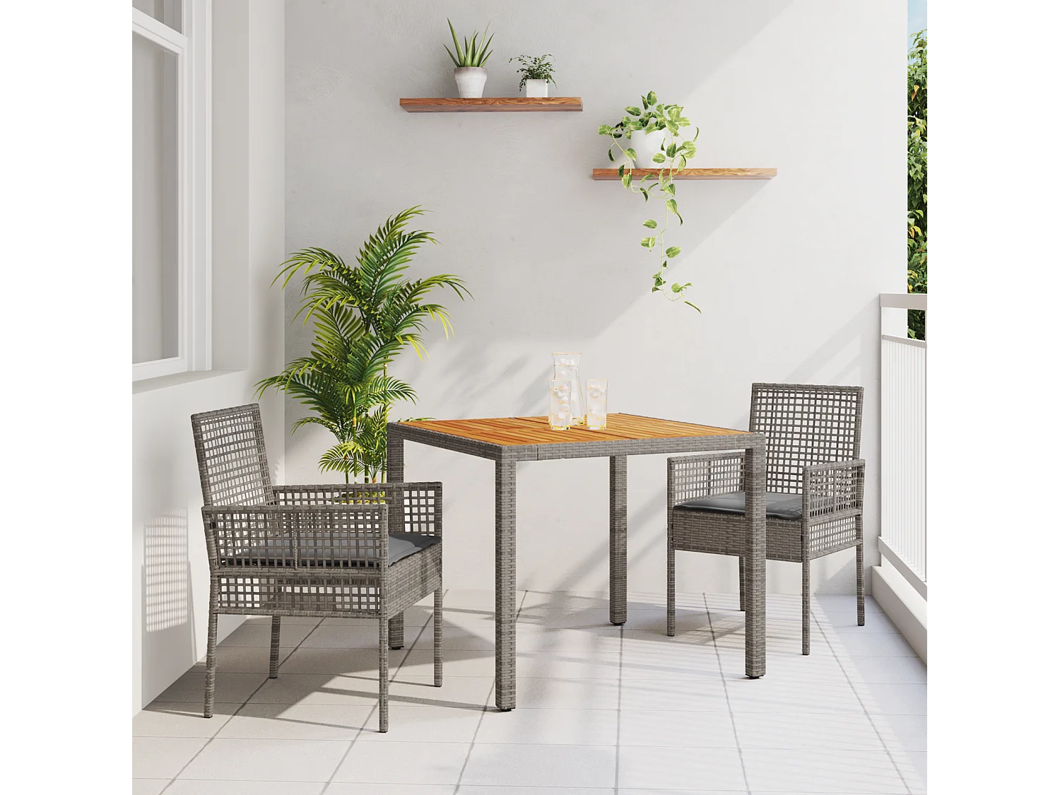 3-delige tuinset met grijze kussens van synthetisch rotan