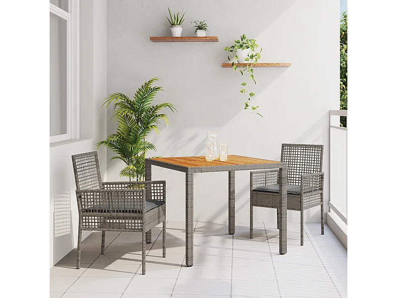 Set da pranzo da giardino 3 pezzi con cuscini grigi in rattan sintetico