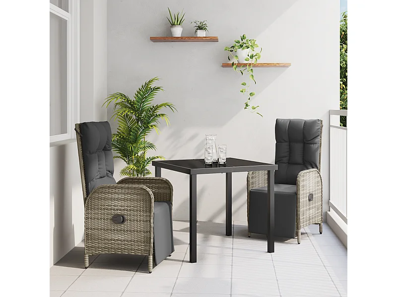 3-teiliges Garten-Essset mit Kissen aus grauem Polyrattan