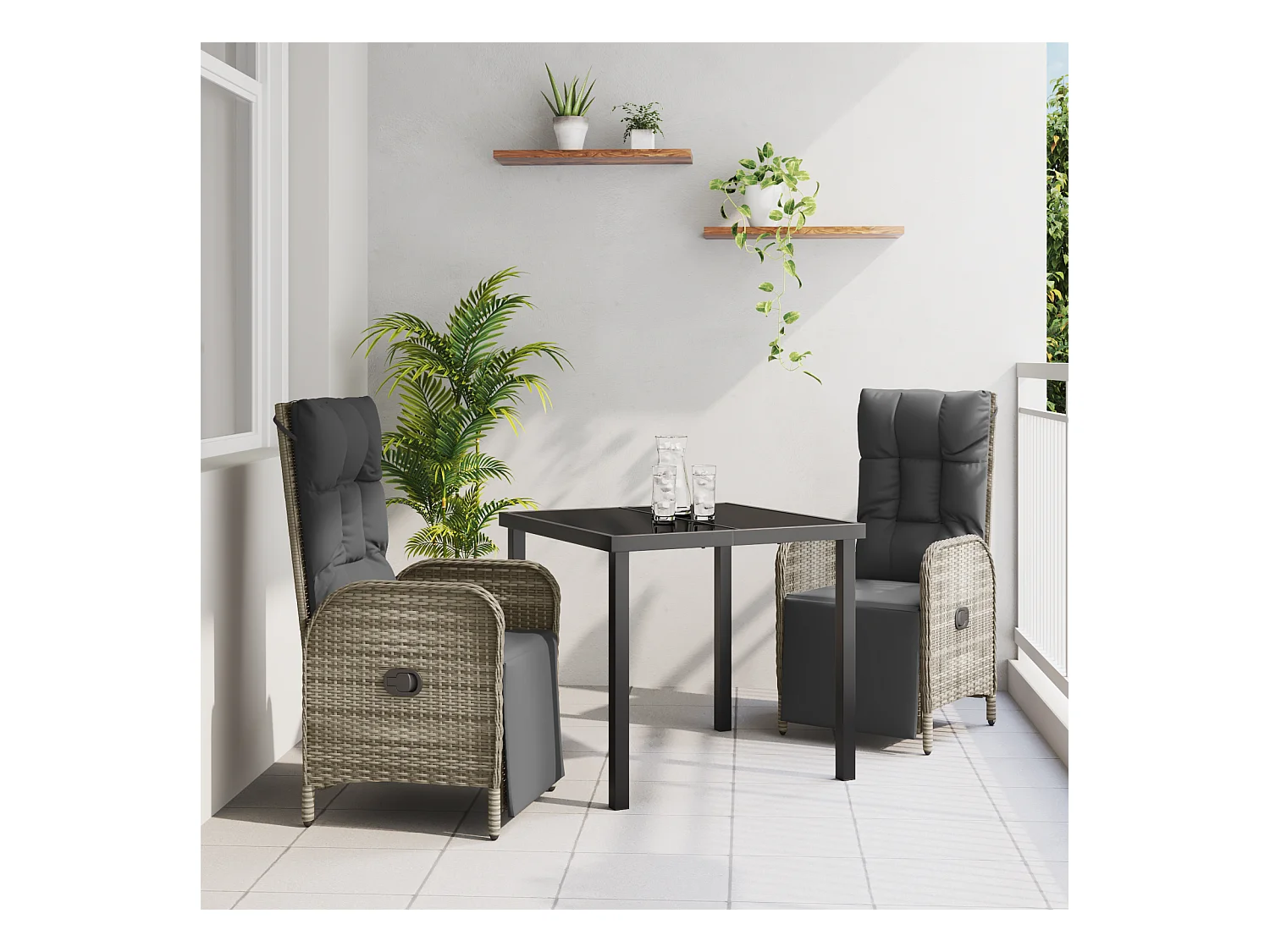 Set da pranzo da giardino 3 pezzi con cuscini in polyrattan grigio