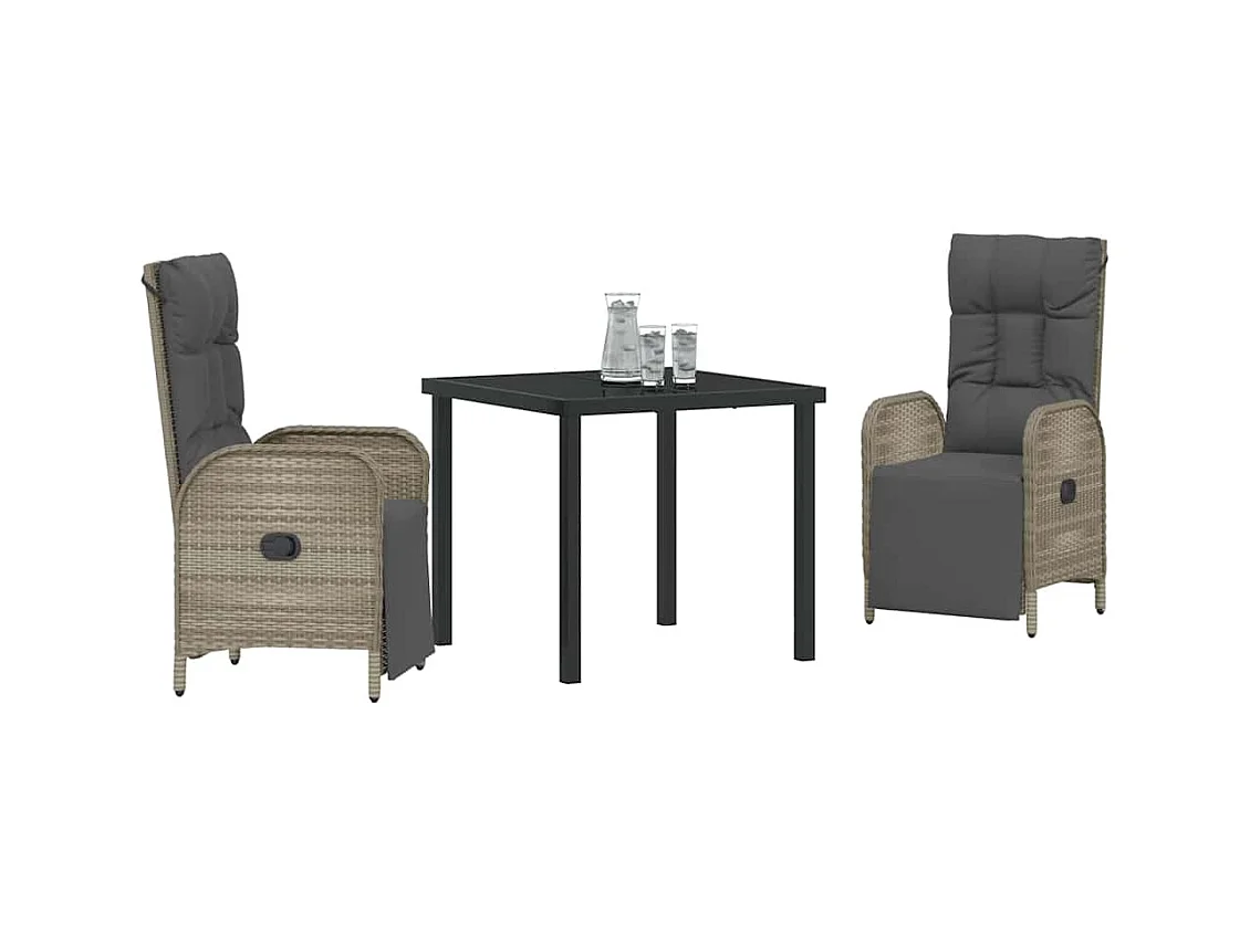 Set da pranzo da giardino 3 pezzi con cuscini in polyrattan grigio