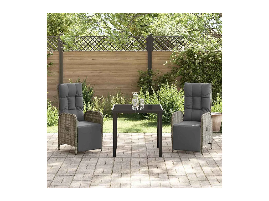 Set da pranzo da giardino 3 pezzi con cuscini in polyrattan grigio