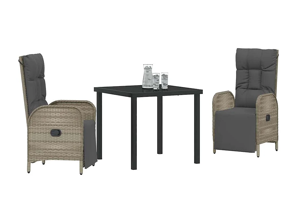 Set da pranzo da giardino 3 pezzi con cuscini in polyrattan grigio