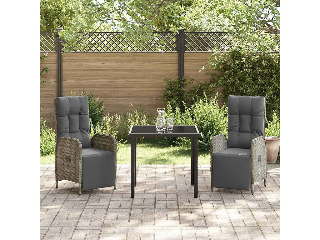 Set da pranzo da giardino 3 pezzi con cuscini in polyrattan grigio