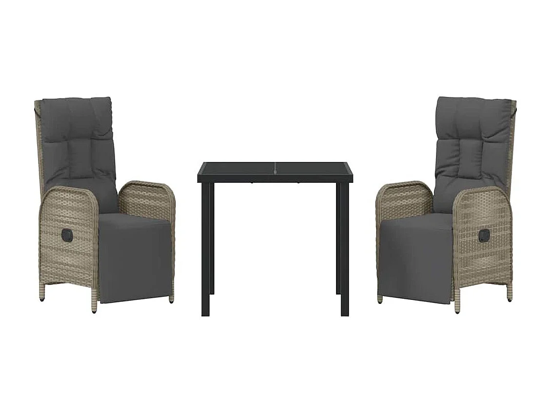 Set da pranzo da giardino 3 pezzi con cuscini in polyrattan grigio