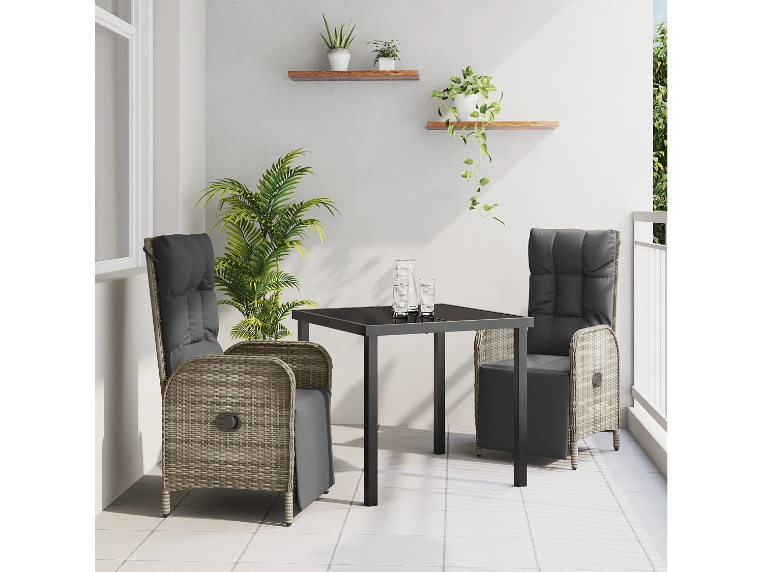 Ensemble de salle à manger de jardin de 3 pièces avec coussins en gris poly rattan