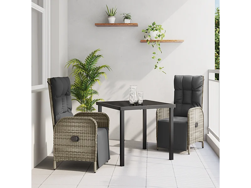 Set da pranzo da giardino 3 pezzi con cuscini in polyrattan grigio