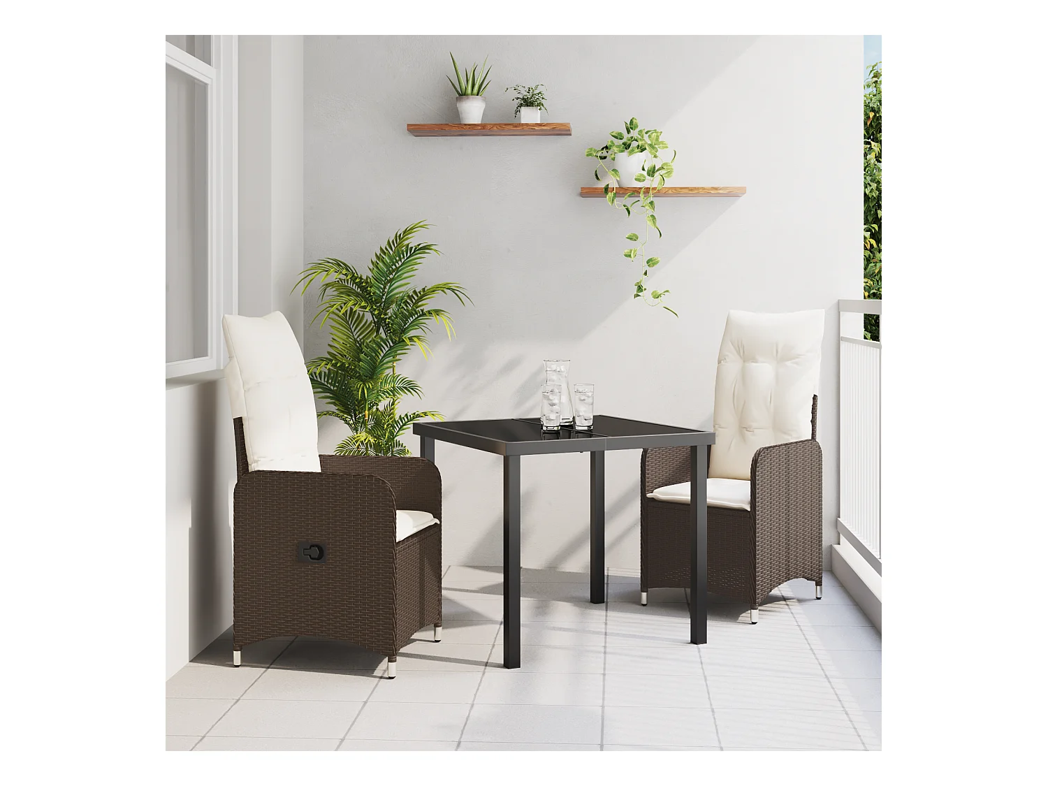 Ensemble de salle à manger de jardin 3 pièces avec coussins marron poly rattan
