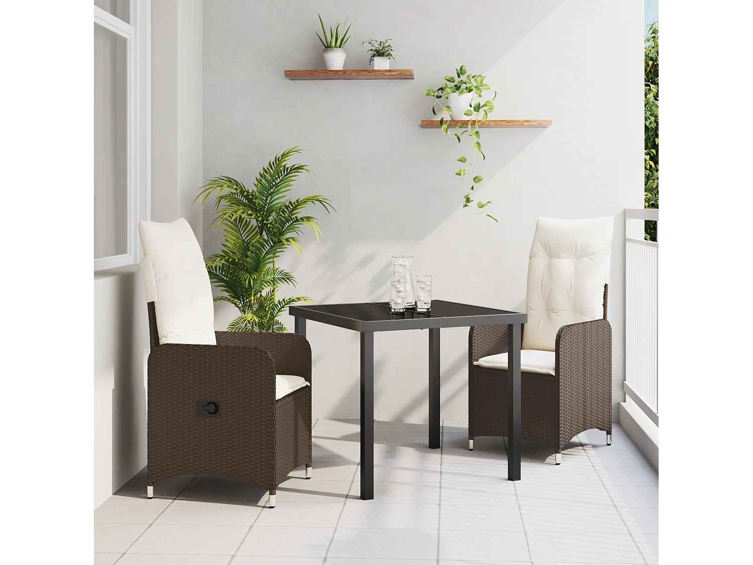 Juego de comedor de jardín de 3 piezas con cojines de ratán sintético marrón