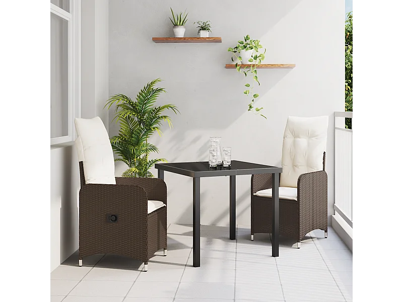 3-teiliges Garten-Essset mit braunen Polyrattan-Kissen