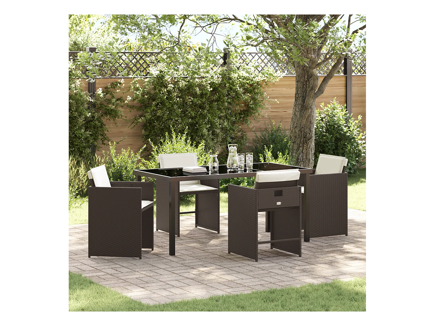 Ensemble de salle à manger de jardin 5 pièces avec coussins marron poly rattan