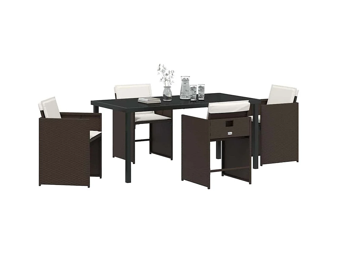 Ensemble de salle à manger de jardin 5 pièces avec coussins marron poly rattan