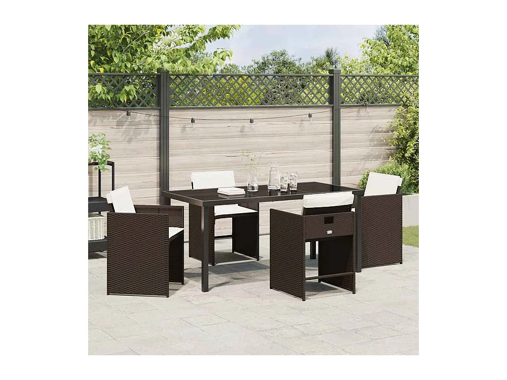 Ensemble de salle à manger de jardin 5 pièces avec coussins marron poly rattan