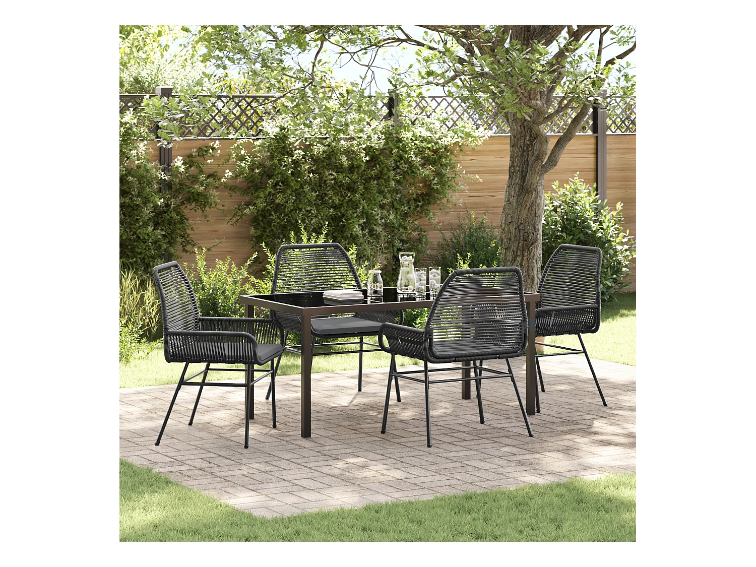 Set da pranzo da giardino 5 pezzi con cuscini in polyrattan nero