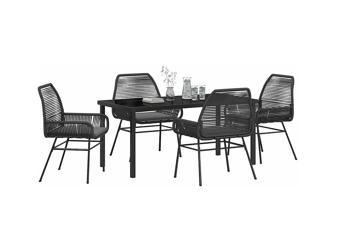Set da pranzo da giardino 5 pezzi con cuscini in polyrattan nero