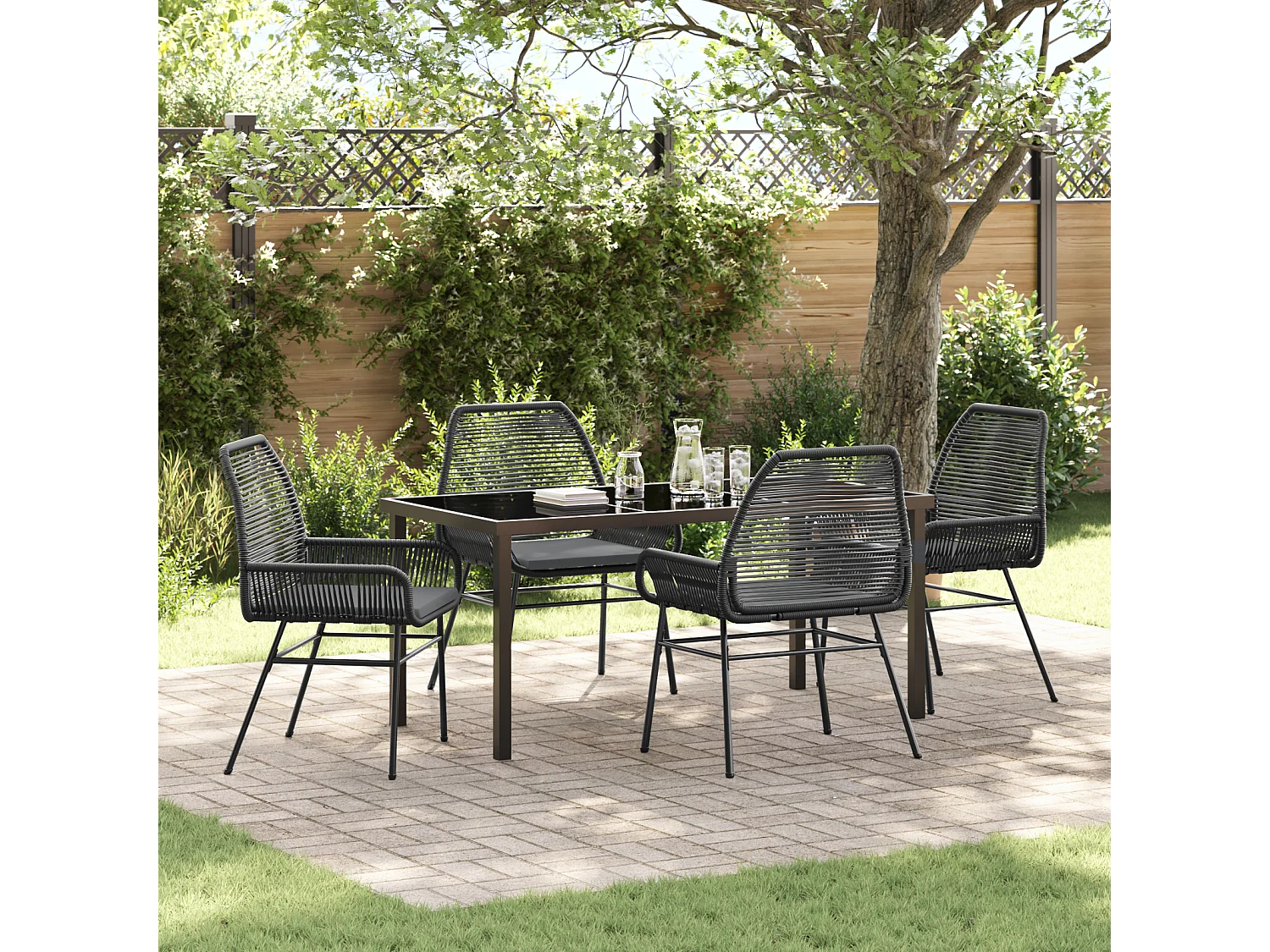 Ensemble de Salle à Manger de Jardin 5 Pièces avec Coussins Noir Poly Rotin